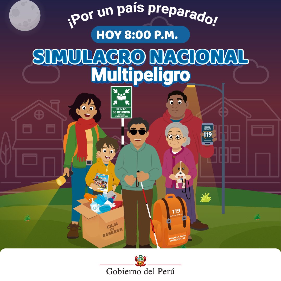 📢 ¡Es hoy y en todo el Perú! Participa en el III #SimulacroNacional2025 a las 8 p. m. 🇵🇪💪
🚨Inicia con el sonido de alarmas. 
📍Ubícate en la zona segura.
🗣Evacúa y sigue las indicaciones de las autoridades.
🎒Recuerda tener lista tu #MochilaParaEmergencias.