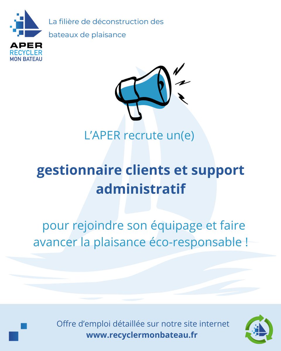 🚀 L’APER recrute !
Tu veux rejoindre une équipe engagée pour une plaisance plus écoresponsable ? 🌊
Nous cherchons un(e) gestionnaire clients et support admin. pour participer à la déconstruction et au recyclage des bateaux de plaisance ♻️
+ d'infos 👉 recyclermonbateau.fr