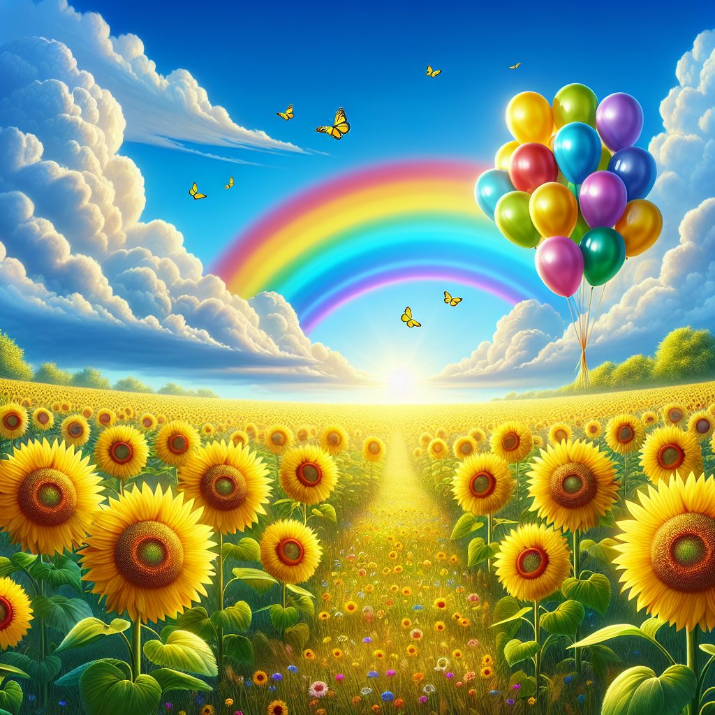 opticnerveAI's tweet image. "An idyllic sunny meadow with cheerful, laughing sunflowers, a clear blue sky above dotted with cotton candy-like clouds, a blooming rainbow in the distant horizon, and a group of vibrant, colorful balloons joyfully floating in the
#AIArt #AI #chatgpt4 #dalle3 #OpenAi #AIFeelings