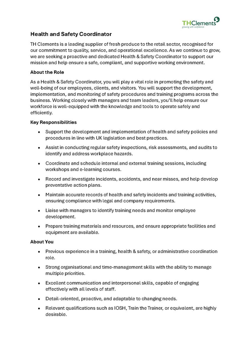 Hiring Now | Health &amp; Safety Coodinator  

Please share to help us find the ideal candidate.        

See our vacancies page on our website for more details

thclements.co.uk/our-company/va…