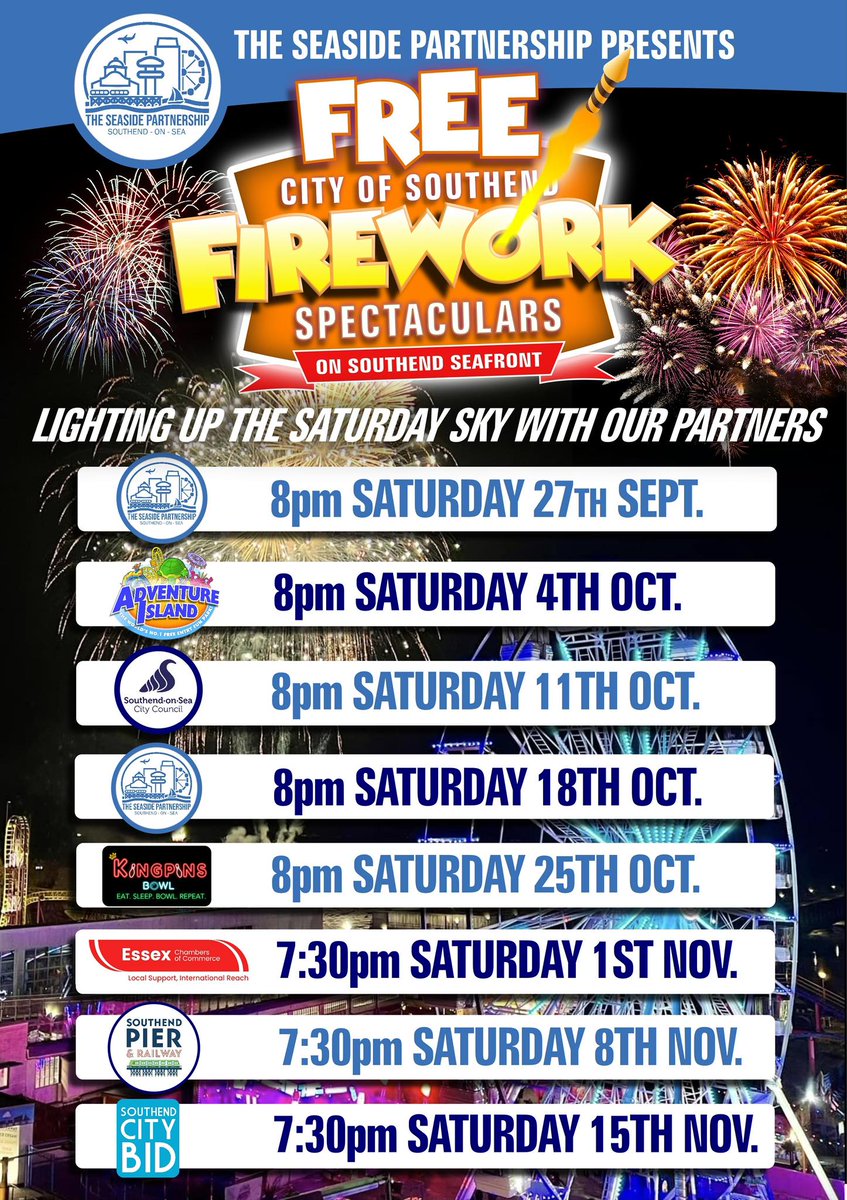 SEAFRONT FIREWORKS 🎉
Don't miss this Saturday's Free Fireworks Spectacular from The Seaside Partnership 
📌 Southend Seafront | 8pm
📅 Saturdays until 15 November 
👉visitsouthend.co.uk/fireworks