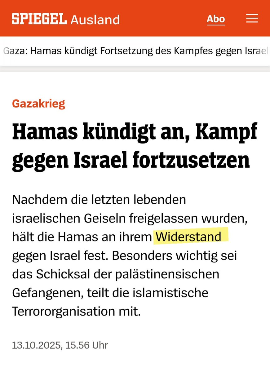 Unkritische Übernahme des Wordings der Hamas und ihrer Unterstützer, die den Terror als "Widerstand" darstellen wollen.
spiegel.de/ausland/gaza-h…