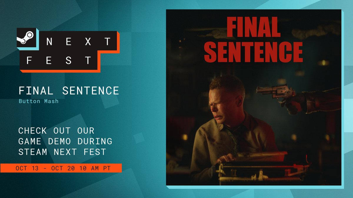 FinalSentence_'s tweet image. Final Sentence Demo is coming to Steam Next Fest!

Ready to test your speed and acuracy under pressure?

And if you spot a typo in this post... please don&apos;t shoot. We&apos;re just setting the mood.

Come try the demo 👉 s.team/a/2413950

#IndieDev #IndieGame