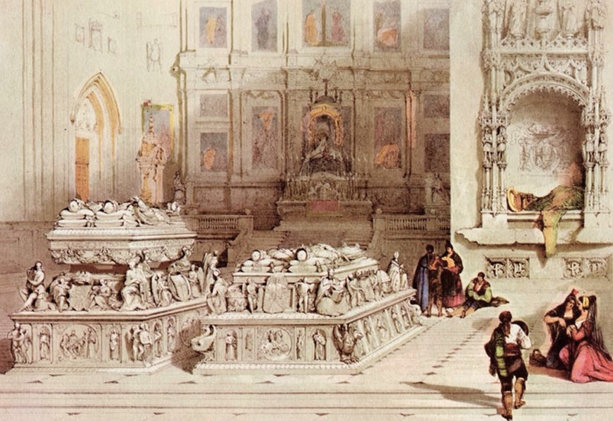 Tumbas de los Reyes Católicos y de Juana la Loca y Felipe el Hermoso, en la catedral de Granada en un grabado de 1832. #megustagranada