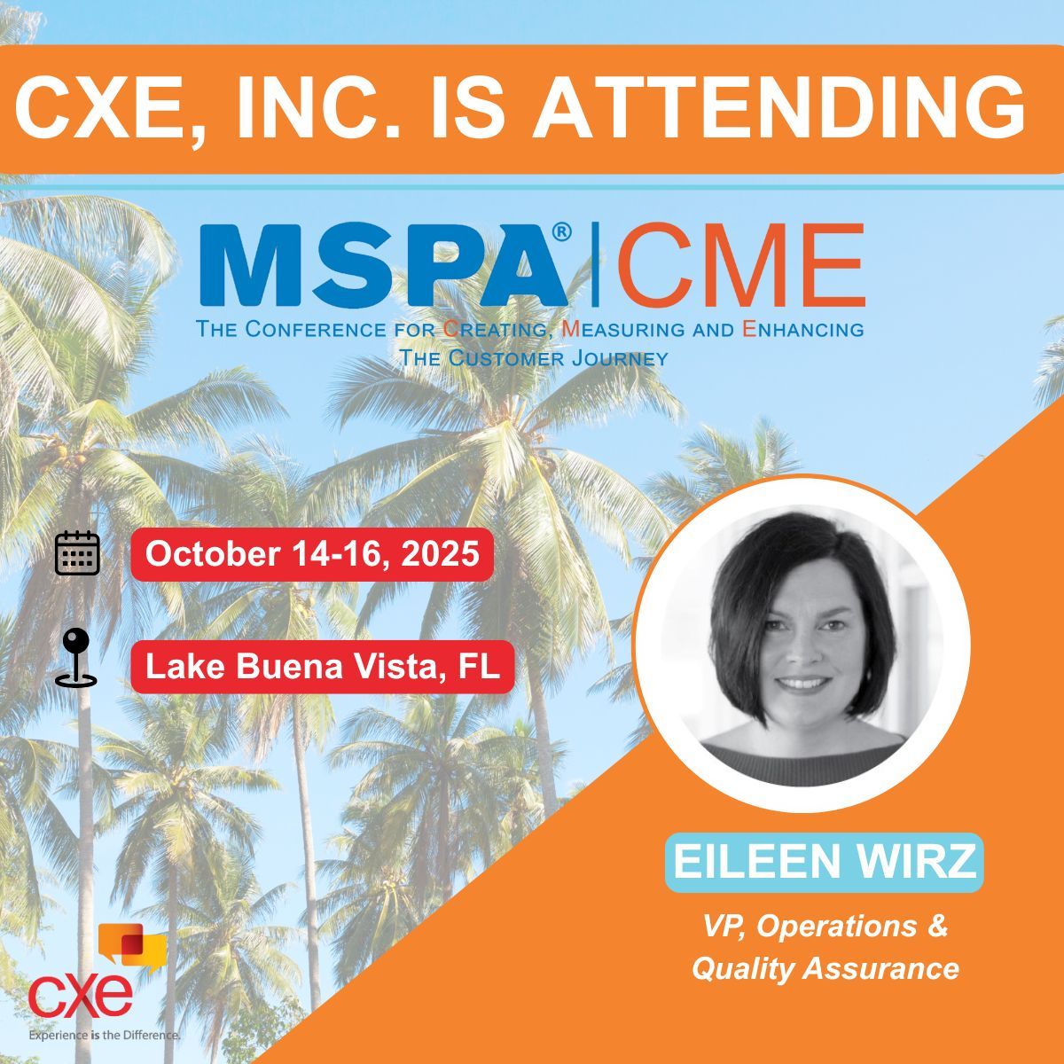 Cxe_Inc's tweet photo. We’re excited to share that Eileen Wirz, VP of Operations &amp; Quality Assurance, will be attending CME 2025!

In addition to representing CXE, Eileen serves as the Vice President of MSPA Americas.
Looking forward to connecting with industry peers at this year’s event! 🌴 https://t.co/g5rteLar7r