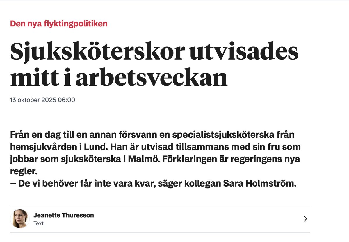 Hur länge ska regeringen fortsätta vara nickedockor åt SD? Ända tills sjukvården är helt avlövad på personal och det är totalt vårdkaos?
Hur kan man få för sig att utvisa två sjuksköterskor, som arbetar, betalar skatt och har två barn som vuxit upp i Sverige?
(Från Sydsvenskan)