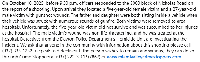 Update to recent shooting where a five-year-old female was shot and killed. Her 27-year-old father also suffered a non-life-threatening gunshot wound.