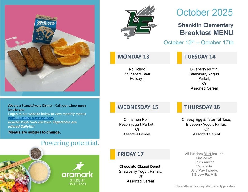LulingISD's tweet image. Don’t skip the best part of the day — cafeteria food! 

Breakfast gets your brain started.
Lunch keeps it going strong.