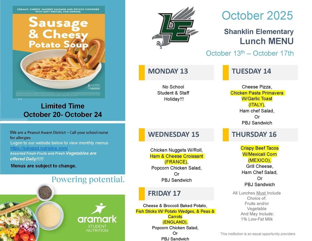 LulingISD's tweet image. Don’t skip the best part of the day — cafeteria food! 

Breakfast gets your brain started.
Lunch keeps it going strong.