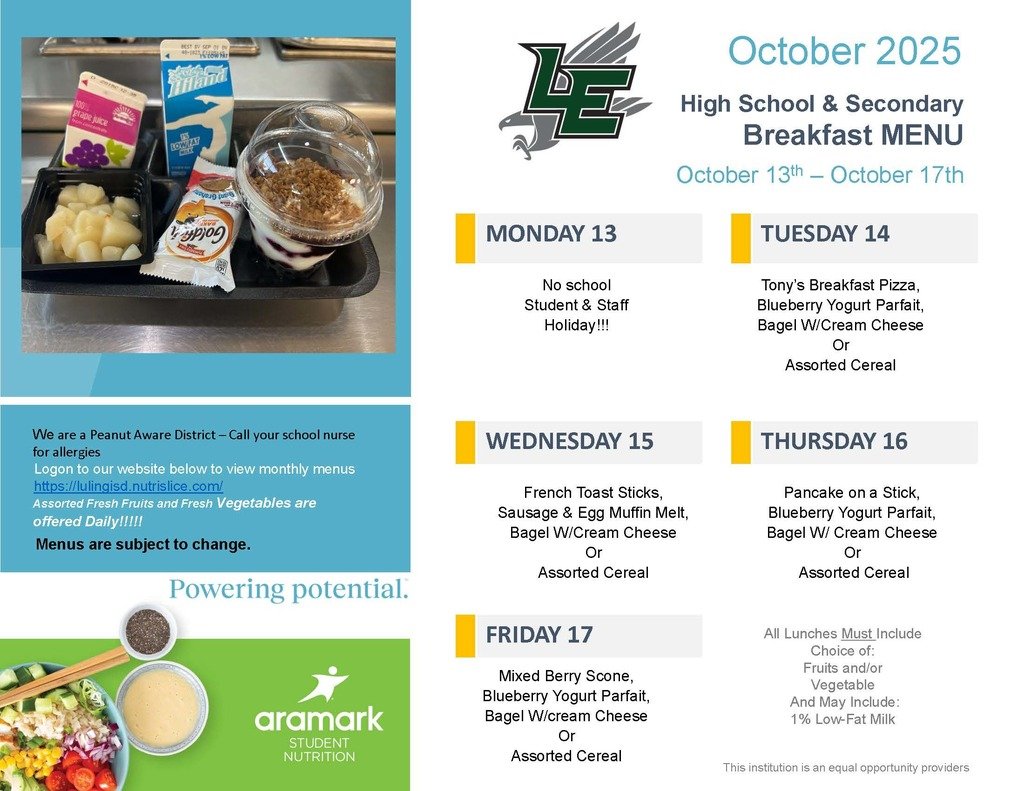 LulingISD's tweet image. Don’t skip the best part of the day — cafeteria food! 

Breakfast gets your brain started.
Lunch keeps it going strong.
