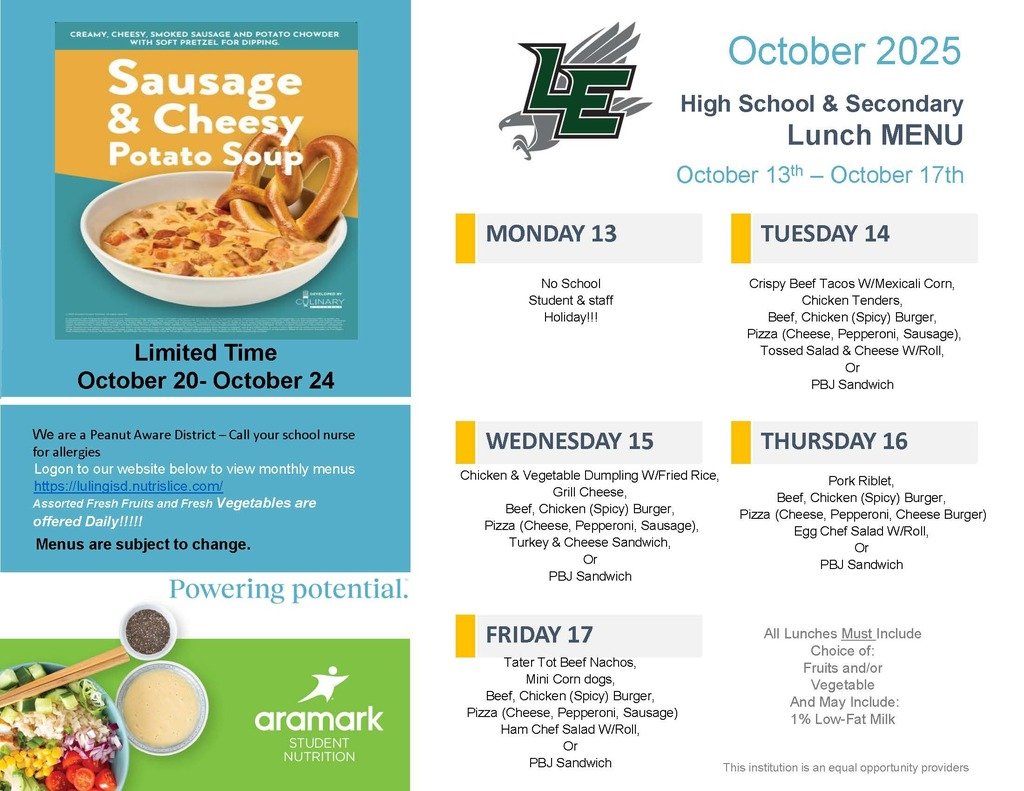 LulingISD's tweet image. Don’t skip the best part of the day — cafeteria food! 

Breakfast gets your brain started.
Lunch keeps it going strong.