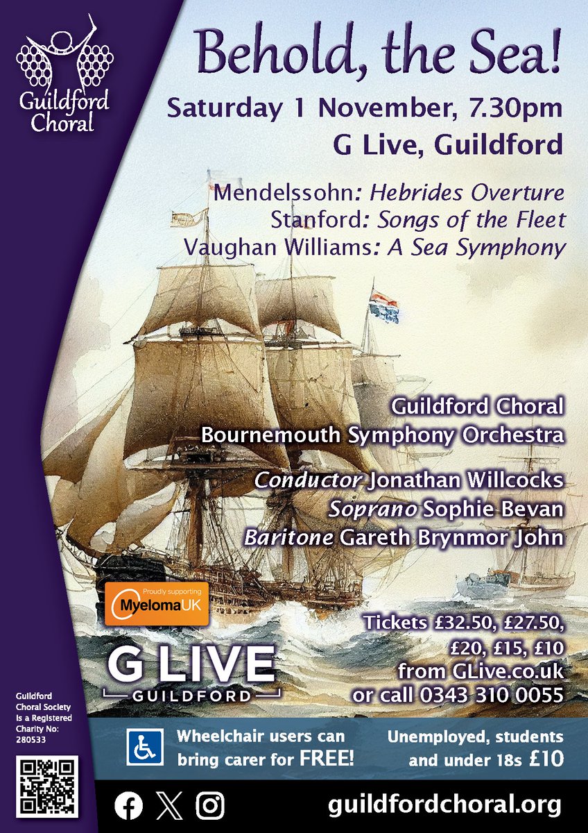 GuildfordChoral's tweet image. Behold, the Sea!
🗓 Sat 1 Nov, 7.30pm
📍@GLiveGuildford
#VaughanWilliams #ASeaSymphony 
Guildford Choral, @BSOrchestra, baritone @gebjohn, soprano #SophieBev and @Willcocks_J conductor. @guildforddragon @BBCRadio3 @VisitSurrey @MyelomaUK @ExperienceGford GLive.co.uk