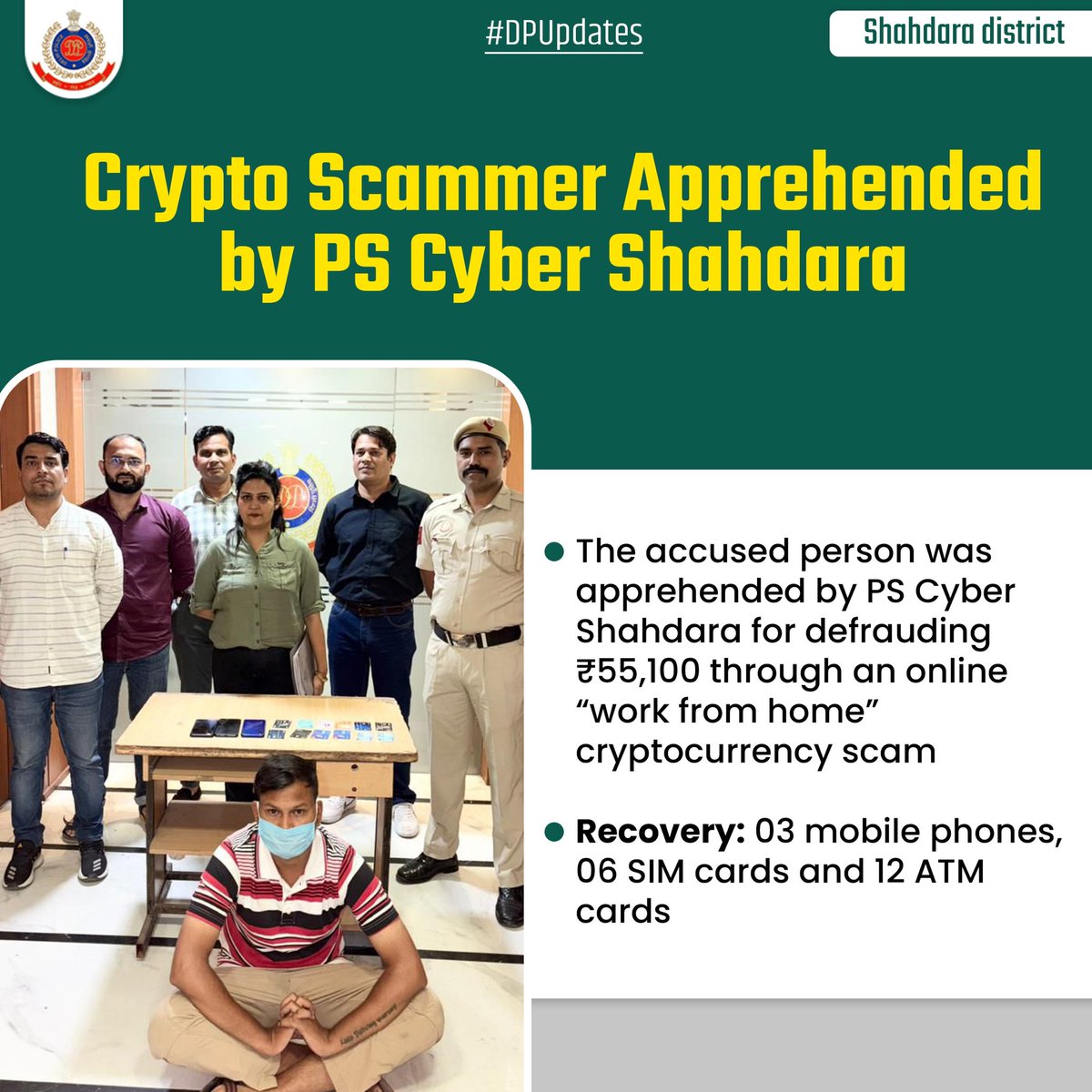 PS Cyber Shahdara apprehended a crypto scammer who defrauded ₹55,100  through an online “work from home” fraud. Investigation traced money trails  & mobile locations. 03 mobiles, 06 SIMs & 12 ATM cards