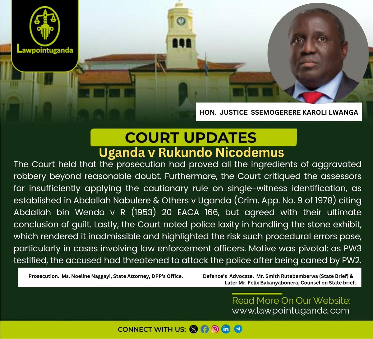 Lawpointuganda's tweet image. High Court at Kabale Convicts Boda Boda Rider for Aggravated Robbery of Police Officer in Kabale District 

The Court clarified that a stone qualifies as a deadly weapon if it causes grievous harm, such as permanent scarring or vision loss. Even if the weapon initially charged…
