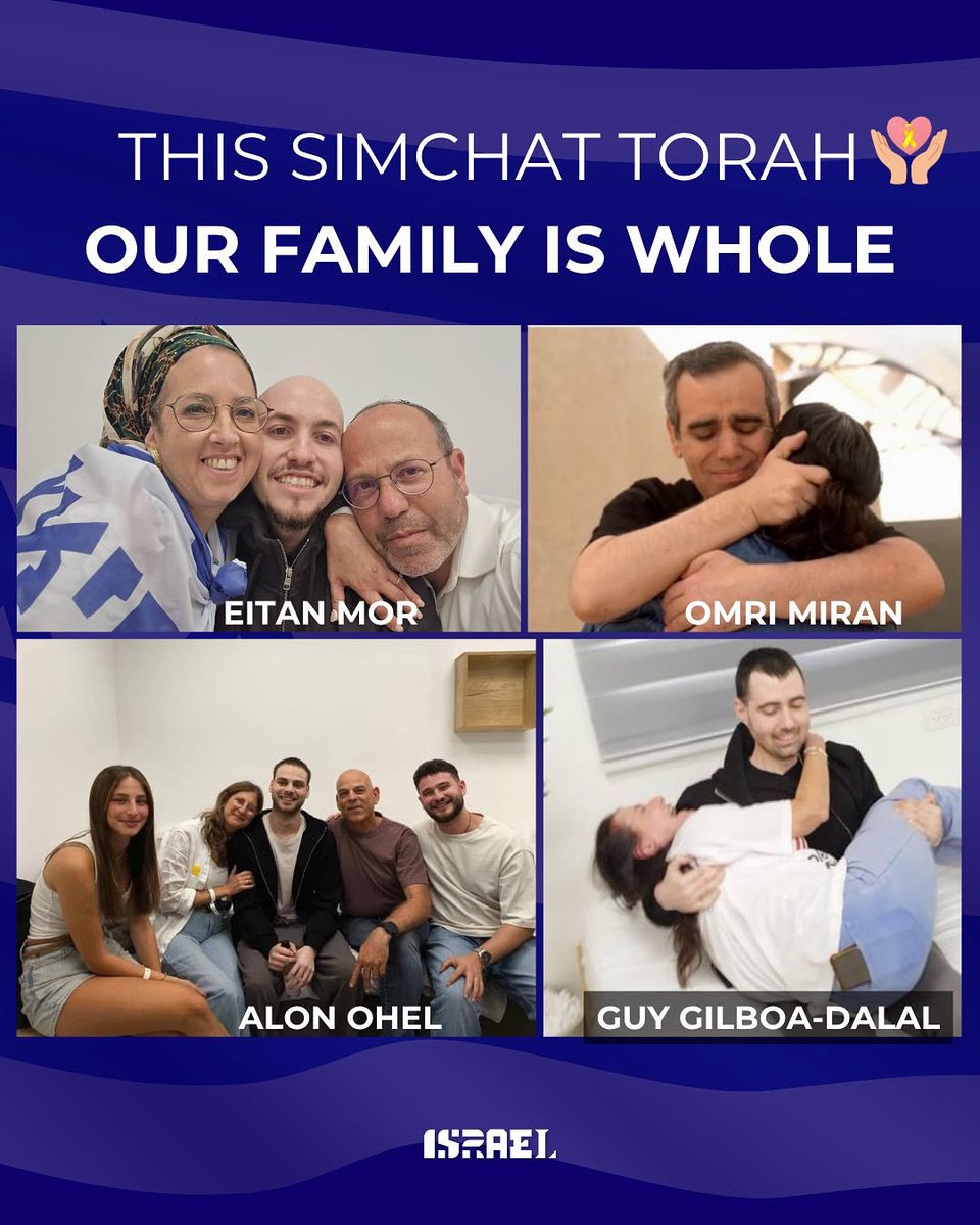 Two years ago, on Simchat Torah, they were torn from their families.

Today, on Simchat Torah, they are finally home.

Back in the arms of their loved ones — a true full circle of joy and hope.

Welcome home 🇮🇱✨