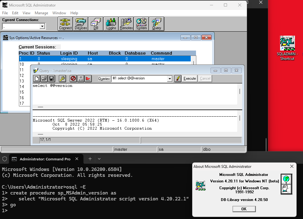 virtuallyfun's tweet image. Just because I can, admining a SQL 2022 instance using the SQL Admin tool from SQL Server 4.20! Talk about backwards and forwards compatibility! Just add one simple stored procedure and it's good to go!