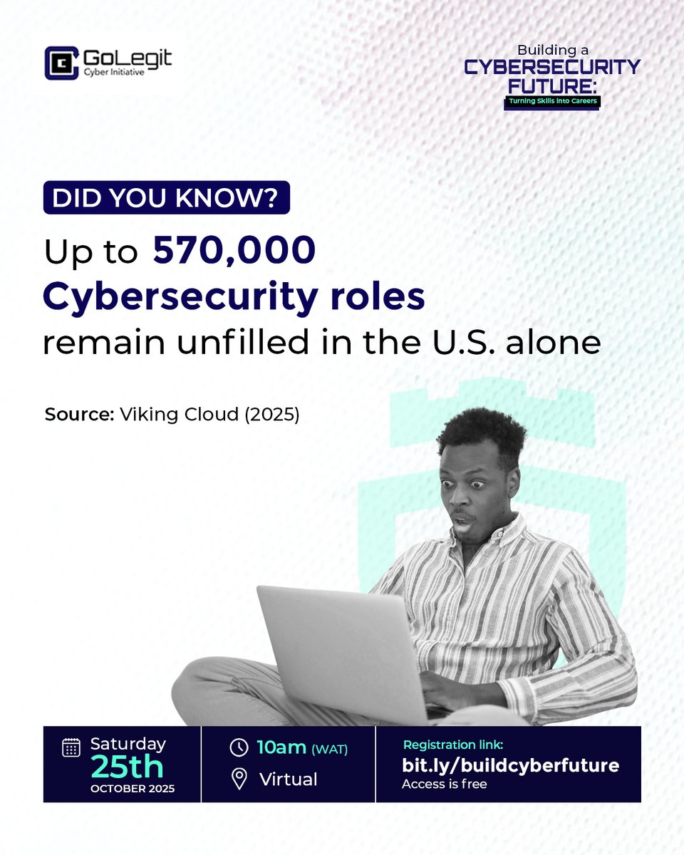 GoLegitOfficial's tweet image. Did you know that over 570,000 cybersecurity roles remain unfilled in the U.S. alone?

And that’s just one country!

The demand for cyber talent is skyrocketing, and the world is seeking individuals like you to step up.

1/2
