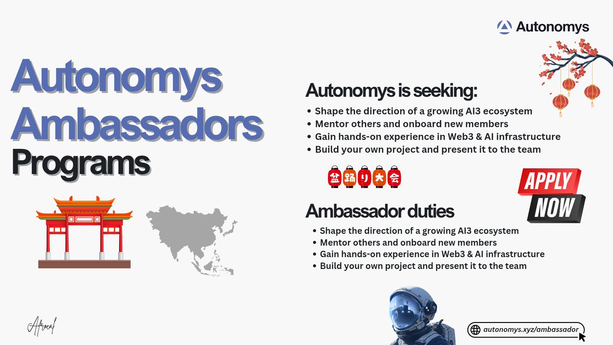 🌏Asia, it’s your time to lead in #AI3!
Join the Autonomys Ambassador Program where innovation meets purpose.

<a href="/AutonomysNet/">Autonomys | AI3.0</a> is building AI3.0, the next phase of decentralized intelligence powered by people who believe in collaboration over centralization.

Autonomys is seeking