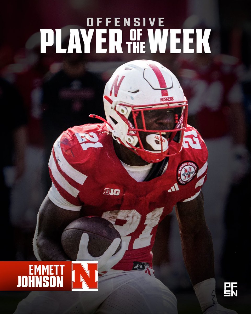 PFSNcollege's tweet image. Week 7 CFB Offensive Player of the Week: Nebraska RB Emmett Johnson

💨 21 carries
💨 176 rushing yards
💨 3.76 yards after contact per rush 
💨 +0.22 EPA per rush
💨 94.6 PFSN College RBi grade

@HuskerFootball