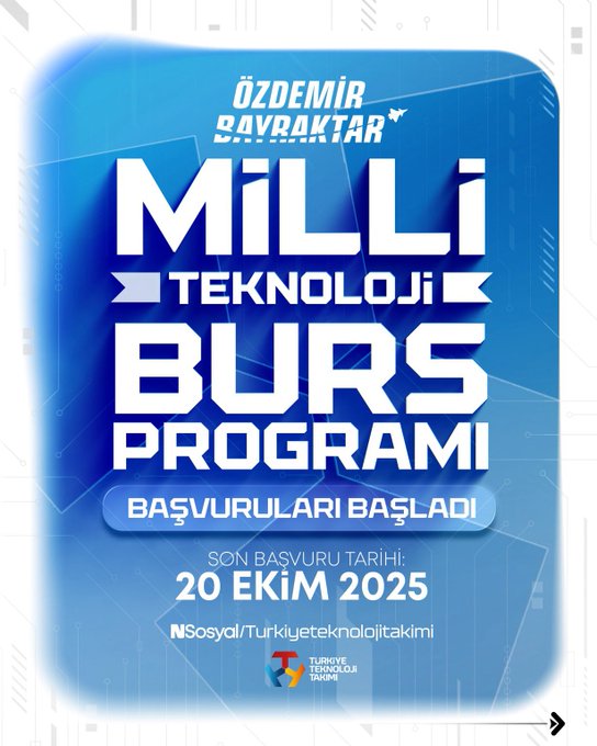 First image shows blue banner with Ozdemir Bayraktar name and flag, white text Milli Teknoloji Burs Programi, subtitle Basvurular Basladi Son Basvuru Tarihi 20 Ekim 2025, logos of Turkiye Yuzyili and Turkiye Teknoloji Takimi at bottom. Second image features Yuksellen Yildiz Burs Programi title in blue, program details for university students in engineering fields, eligibility for Turkish citizens, content 50 hours over 10 weeks totaling 6000 TL burs, activities including group work video content quiz tests case role play and presentation. Third image displays Egitim Mentoru Burs Programi title in blue, program for mentor leaders in TEKNOFEST, eligibility for university students in various fields like informatics engineering, content 100 hours over 12 weeks totaling 6000 TL burs, activities including group work video content quiz tests case role play and presentation. Fourth image presents Sen Gecesen Burs Programi title in blue, program for high school students in technical fields, eligibility for 11th and 12th graders, content 60 hours over 10 weeks totaling 6000 TL burs, activities including group work video content quiz tests presentation and project work.