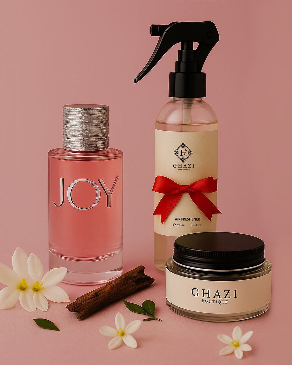 البهجه ما صارت إحساس… صارت تجربة كاملة 🌸
من غازي بوتيك 👑
•عطر فاخر بنفحات زهرية تبعث التفاؤل 
•بخور أنيق يملأ المكان بطاقة إيجابية وثبات طويل
•مرش مفارش بنفس الرائحة المنعشة والفخمة

💡 ثلاث منتجات… برائحة وحدة مستوحاة من Joy،
وبـ تطابق مذهل يخليك تعيشين نفس الإحساس بروح