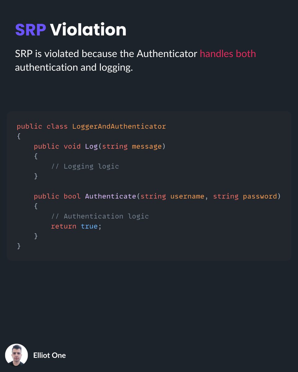 elliot1one's tweet image. Single Responsibility Principle (SRP) from SOLID:
A class or method should have only one reason to change.
It should focus on a single responsibility.
Keeping responsibilities isolated makes your code easier to test, maintain, and extend.
#SOLID #CleanCode #SoftwareDesign