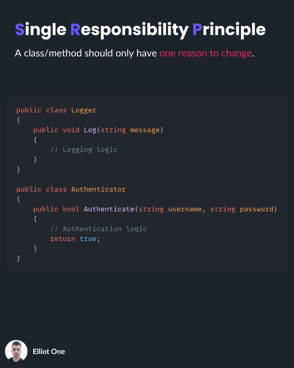 elliot1one's tweet image. Single Responsibility Principle (SRP) from SOLID:
A class or method should have only one reason to change.
It should focus on a single responsibility.
Keeping responsibilities isolated makes your code easier to test, maintain, and extend.
#SOLID #CleanCode #SoftwareDesign