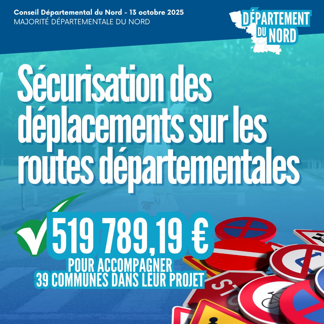 ✅ C’EST VOTÉ #CD59 ! 🚦Les élus <a href="/unionpourlenord/">Union Pour le Nord</a> agissent pour des routes plus sûres partout dans le <a href="/departement59/">Département du Nord</a> . 
💶 519 789 € d’aides pour 39 projets communaux 
🚸 Objectif : traversées piétonnes sécurisées, conduite apaisée, mobilités douces 
🌱 Bonus #NordDurable