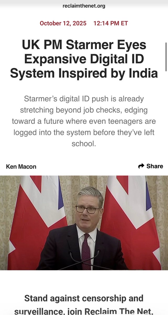 Pirat_Nation's tweet photo. UK PM Keir Starmer has just signalled full steam ahead on a digital ID inspired by India, not just for jobs or visas, but possibly for school enrolment, payments, and even passports. https://t.co/RfSXz7NOoT