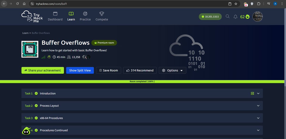 anand114bug's tweet image. Successfully completed the TryHackMe &quot;Buffer Overflows&quot; lab, gaining practical experience in vulnerability exploitation and understanding process memory layouts.
#TryHackMe #BufferOverflow #Cybersecurity #EthicalHacking #LearningByDoing​
@CyberMindSpace @RohitVishw54326