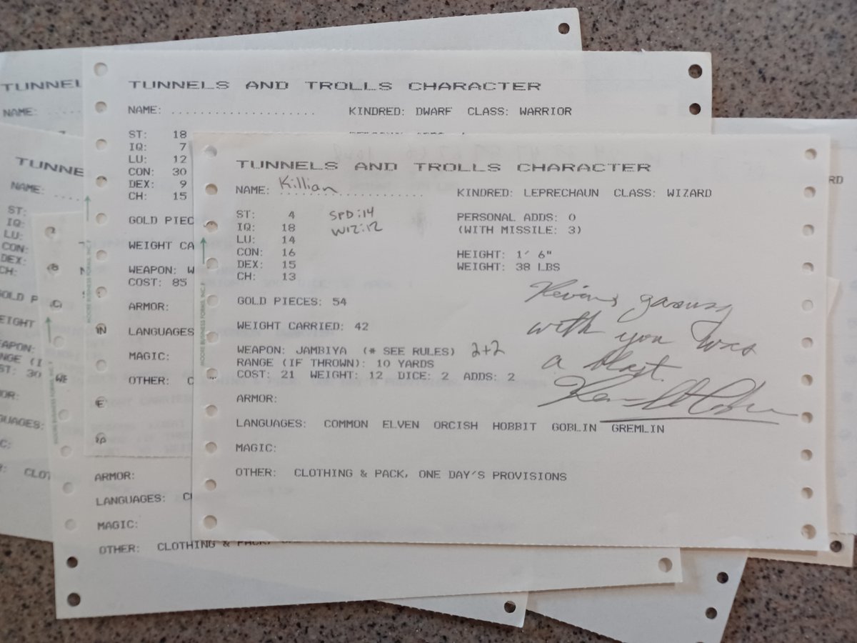 For our Tunnels &amp; Trolls session at <a href="/ArneconTFotT/">ArneCon</a>, author Ken St. Andre dropped a stack of pregens on the table for us to choose from. On DOT MATRIX character sheets that he printed in the late 70's--that he had somehow kept perfectly preserved!! He let us all keep the extras. 🤘