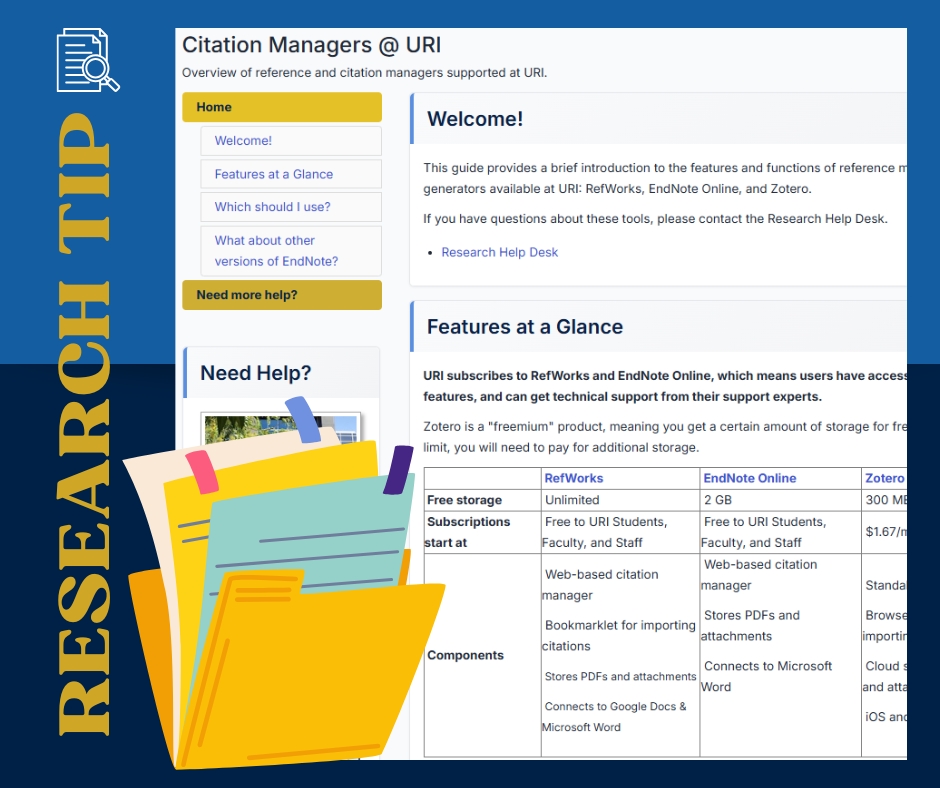 URILibraries's tweet image. Need help citing and tracking sources for your midterm research paper? Try a citation manager like RefWorks or Zotero! Visit uri.libguides.com/citationmanage… for more information #ResearchTips