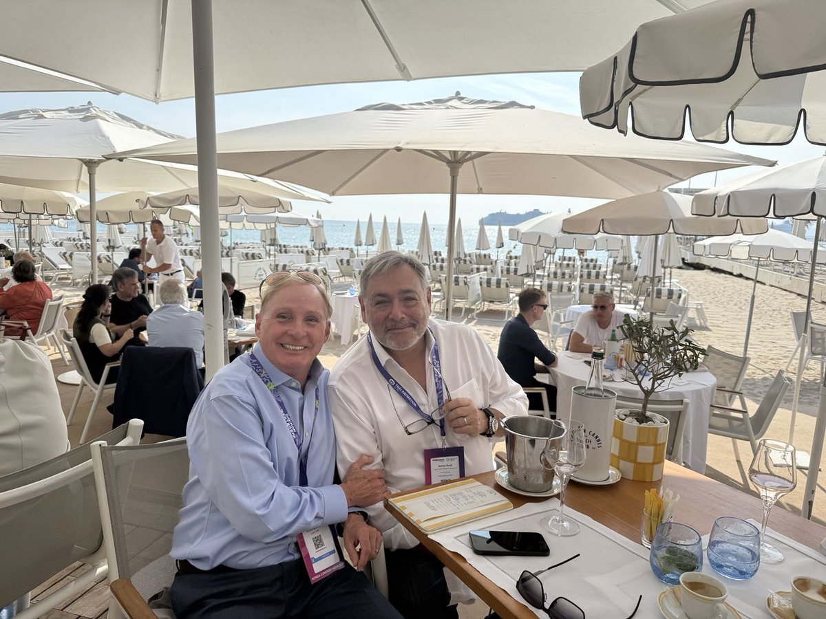 PaulBoross's tweet image. Once again at the MIPCOM TV Festival in Cannes — working my proverbial socks off. 🏖️
Another “gruelling” business lunch at The Carlton Beach Club with my great mate from Australia, Adrian Swift.
Someone has to do it. 😉
#MIPCOM #workworkwork #Cannes