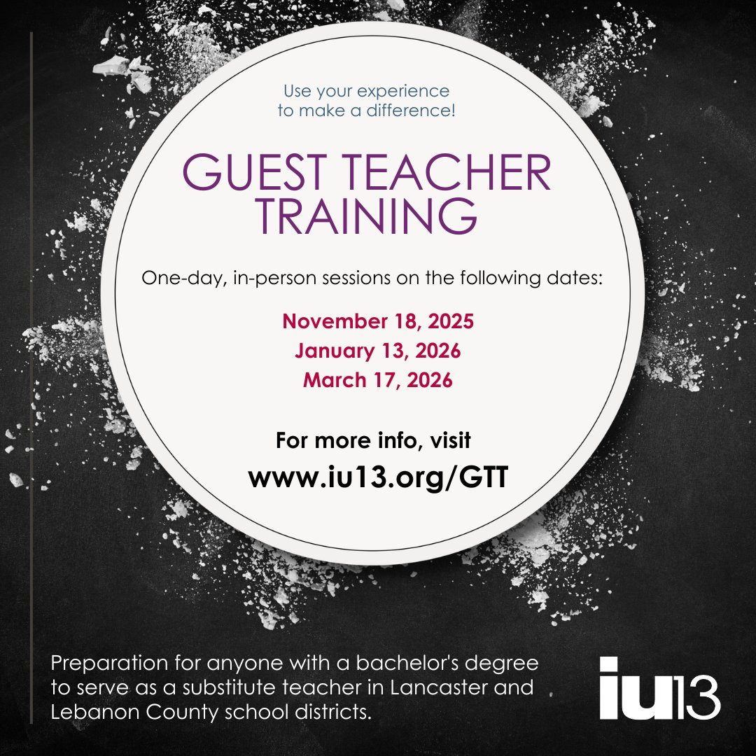 Do you have a bachelor’s degree in any major &amp; are seeking work with a flexible schedule? If so, consider becoming a substitute teacher! IU13 provides Guest Teacher Training for IU13 or any participating Lancaster or Lebanon Co. school district.
More info: hubs.li/Q03gNvMr0