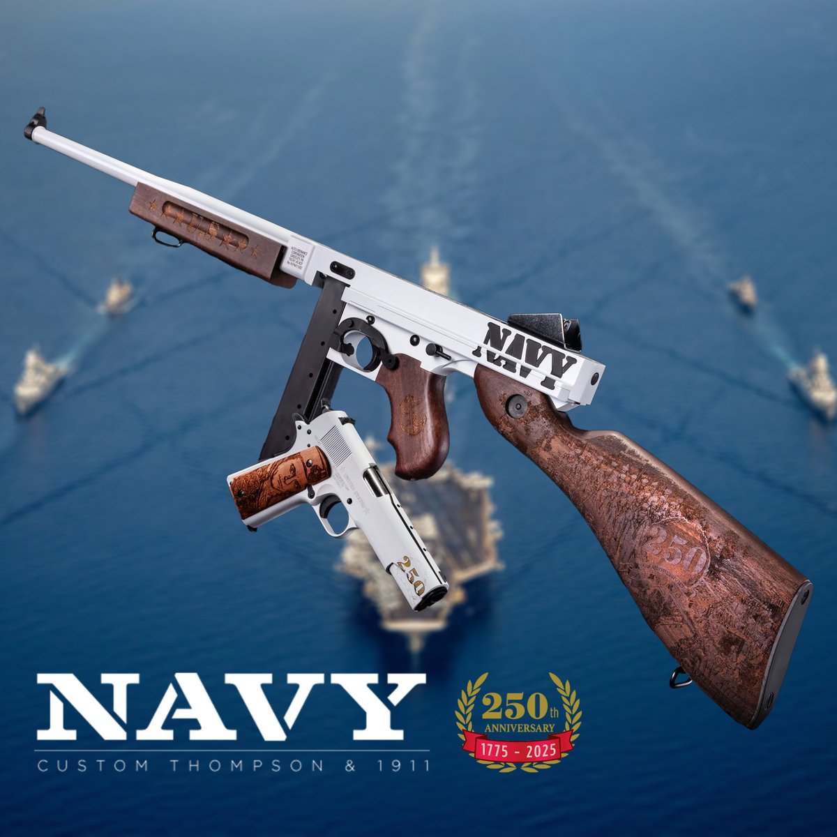 auto_ordnance's tweet photo. Today, we honor the 250th Anniversary of the U.S. Navy, founded on October 13th, 1775. We're celebrating the occasion with a Limited-Edition Custom Thompson and 1911, engraved and cerakoted as a tribute to the 250-year legacy of service by our nation’s finest. https://t.co/3rC1bHKfV4