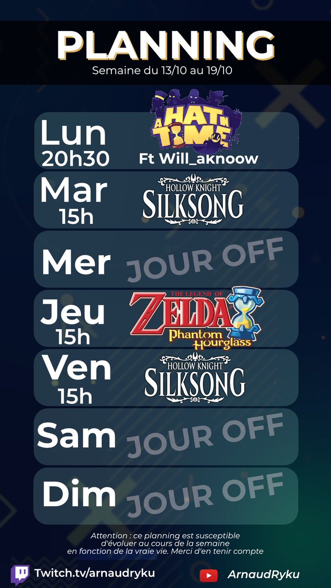 Le Planning de la semaine ! 

Un peu de RANDOMIZER
Un peu de try hard sur SILKSONG
Un peu de nostalgie sur ZELDA PHANTOM HOURGLASS !

Petite semaine tranquille ! 

Twitch.tv/arnaudryku