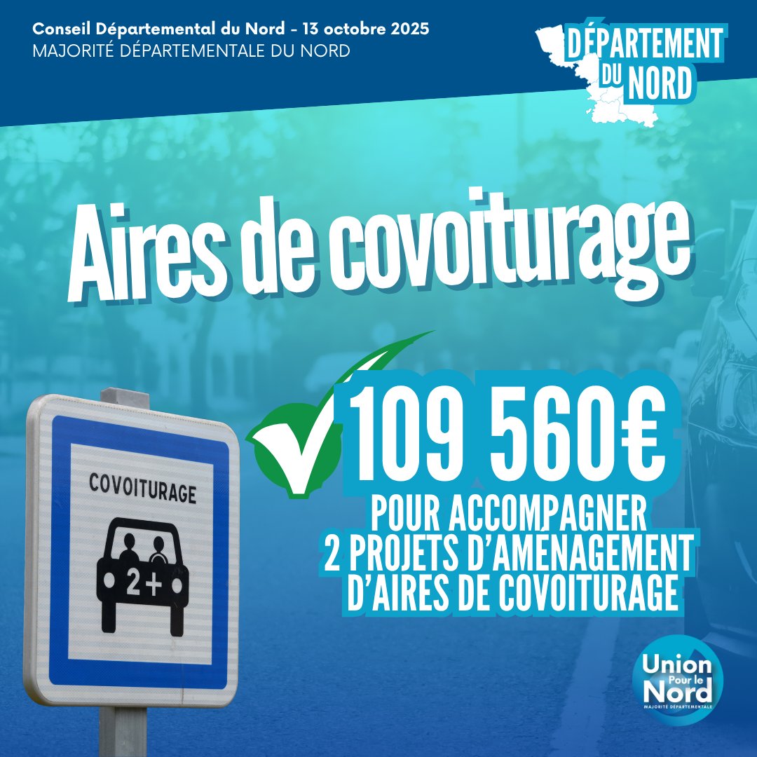 ✅ C’EST VOTÉ #CD59 !  Les élus <a href="/unionpourlenord/">Union Pour le Nord</a> soutiennent le développement du covoiturage dans tout le <a href="/departement59/">Département du Nord</a>🚗 
➡️ 109 560 € d’aides pour 2 projets 
🌱 +9 960 € de bonus #NordDurable 
🎯 Objectif : mobilité partagée, trajets plus verts, routes moins saturées
