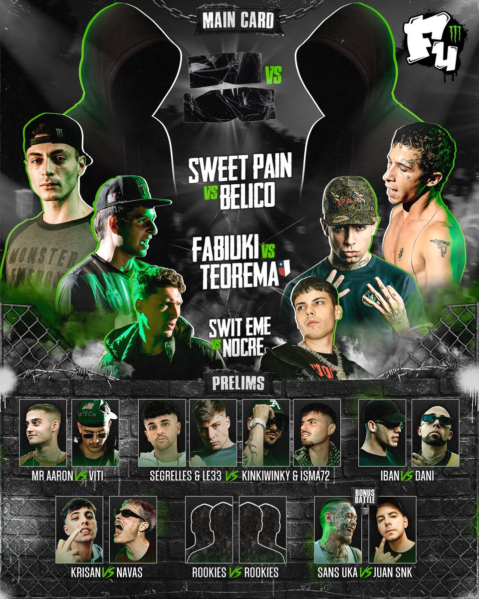 SE ROMPIÓ EL CARTEL 💥

FU III (Barcelona):
MAIN CARD 🌟
??? 🆚 ???
Sweet Pain 🆚 Bélico
Fabiuki 🆚 Teorema
Swit Eme 🆚 Nocre

PRELIMS:
Mr Aaron 🆚 Viti
Segrelles &amp; Le33 🆚 Kinkiwinky &amp; Isma72
Iban 🆚 Dani
Krisan 🆚 Navas
Rookies 🆚 Rookies (2 VS 2)
Sans Uka 🆚 Juan SNK