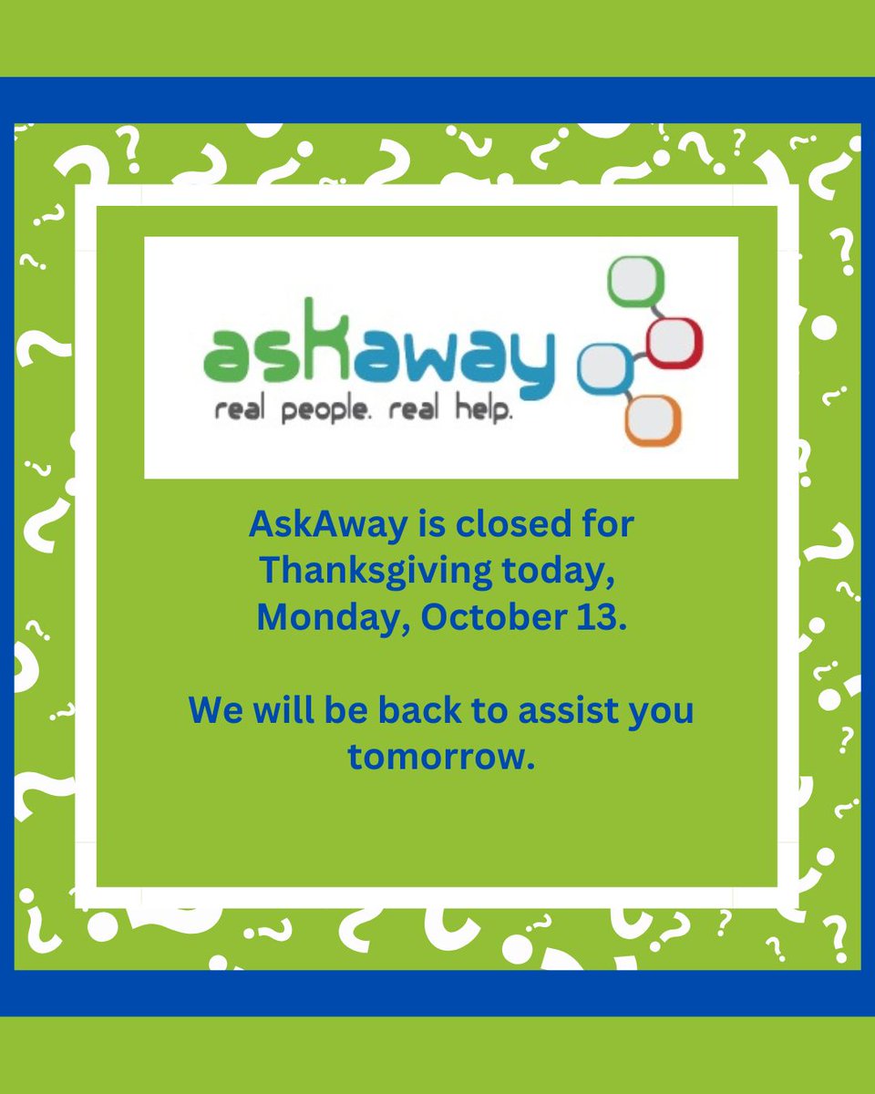 CamosunLibrary's tweet image. Please note: AskAway will be closed on Monday, October 13 in observance of Thanksgiving. We’ll be back to assist you tomorrow. Wishing you a warm and happy holiday!