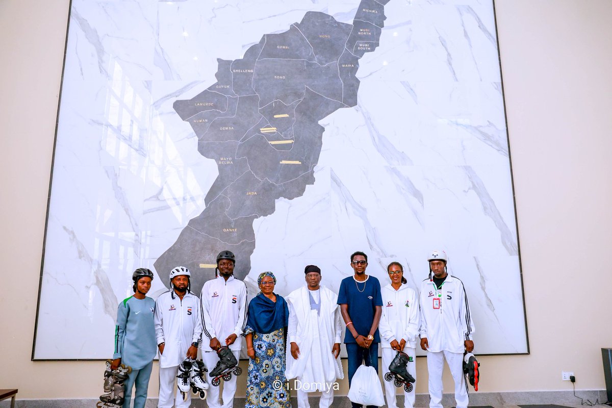 GovernorAUF's tweet photo. Today, I received the leadership of the Unity Skaters of Nigeria led by Sylvester Phadion. I was honoured with an award for our strides in infrastructure, youth empowerment, and social development. Their choice of Adamawa for the Fresh Air Skating Championship affirms our state as a hub for talent, peace, and innovation.