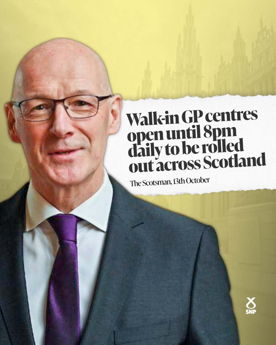 AngusSouthSNP's tweet image. 🏥 New GP walk-in centres will be opened across Scotland, and you won't need an appointment.  

🩺 Open from 12 to 8, seven days a week, so you can get the care you need at a time that works for you.

👩‍⚕️ It will deliver one million additional GP and nurse appointments.