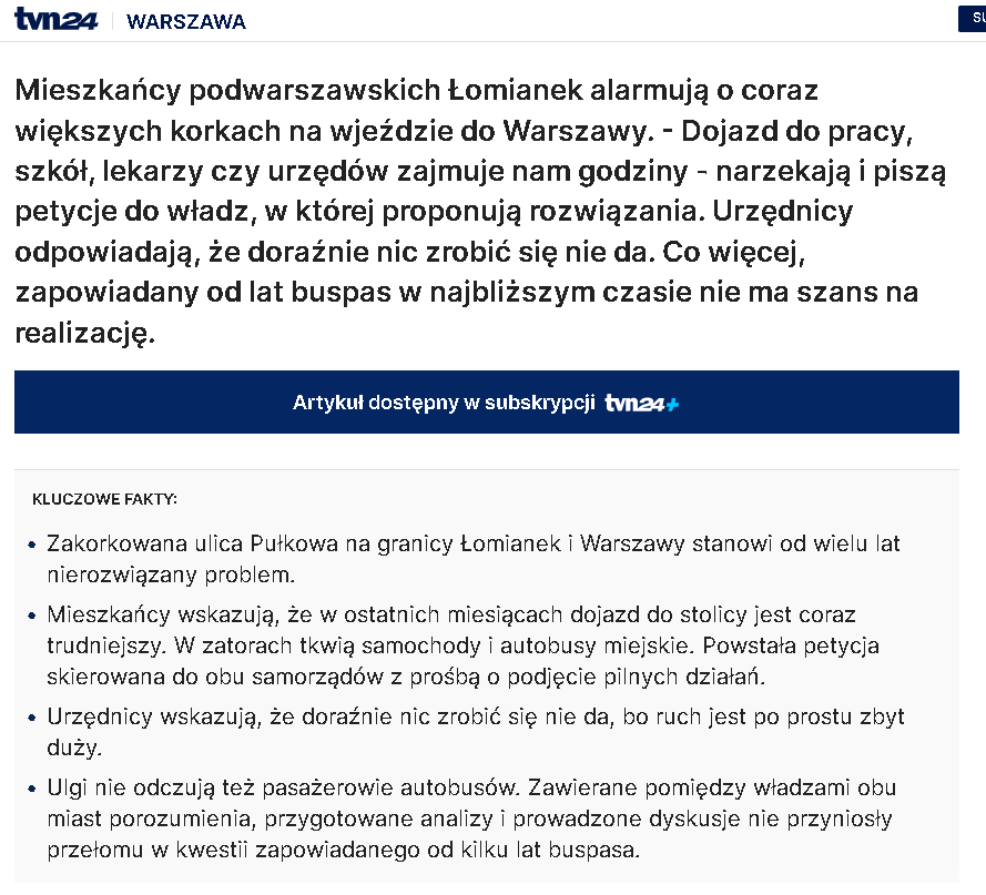 🚍Mieszkańcy Łomianek apelują o natychmiastowe wyznaczenie buspasa na Pułkowej, nie czekając na realizację S7.
