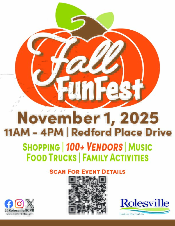 RolesvilleNCPR's tweet image. 🍂🎉 Fall FunFest is back!

🗓 Nov 1 | ⏰ 11AM–4PM
📍 Redford Place Park, Rolesville

🎪 100+ vendors
 🛍️Holiday shopping
🎈 Inflatables
🎃 Games, food &amp;amp; more!

Don’t miss this fall tradition!

🔗 rolesvillenc.gov/parks-recreati…

#rolesvilenc #FallFunFest #communityupdates