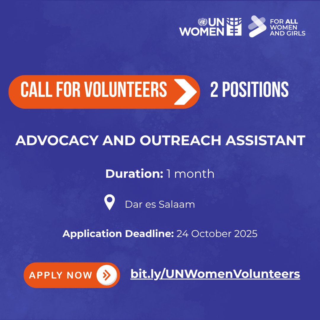 UN Women Tanzania is looking for 2 Community Volunteers to support the 2025 #16DaysOfActivism campaign!  

📣 Help raise awareness, support online campaigns &amp; outreach to END gender-based violence &amp; advocate for change — for all women and girls.

📅 Duration: 1 month (Nov) 
📍