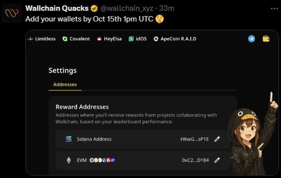 😱😱Must Link ur both evm &amp; Solana wallet-- Snapshot might happen on Oct 15, 1 PM UTC.🚀🚀

🔹 Go to "Wallet" : quacks.app/?ref=CryptoSch… &lt; Set ur Wallet.

It's possible to get $QCK tokens based on Quacks earnings <a href="/wallchain_xyz/">Wallchain Quacks</a> 😎😎