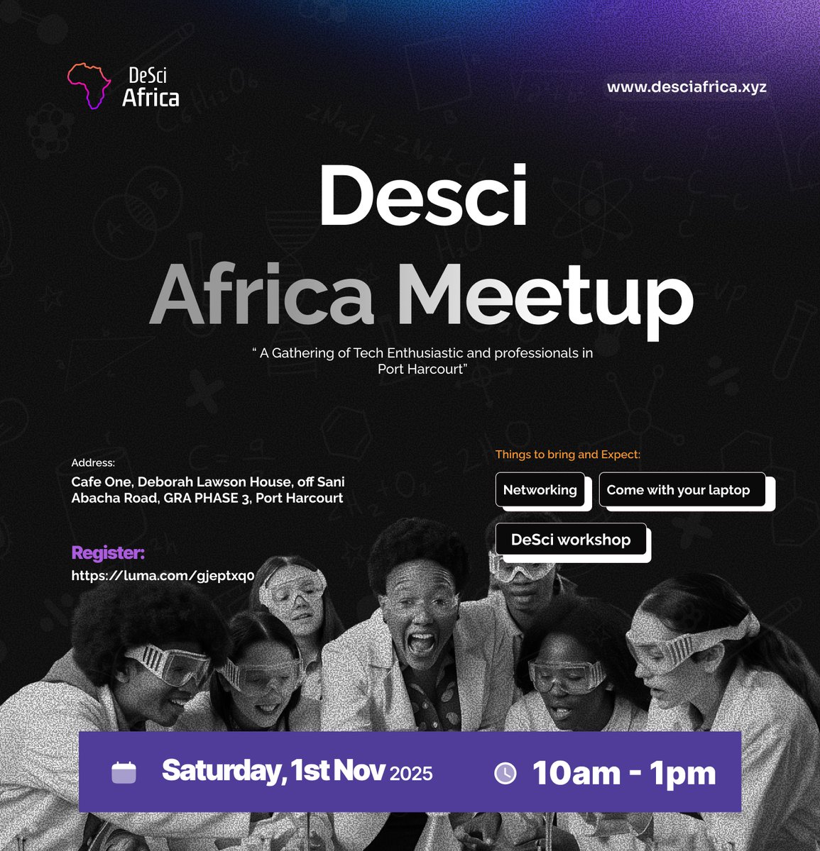 Join us on November 1st for the Port Harcourt DeSci Meetup!

DeSci (Decentralized Science) uses Web3 principles like blockchain, transparency, and tokenization to revolutionize research funding, publishing, and collaboration.