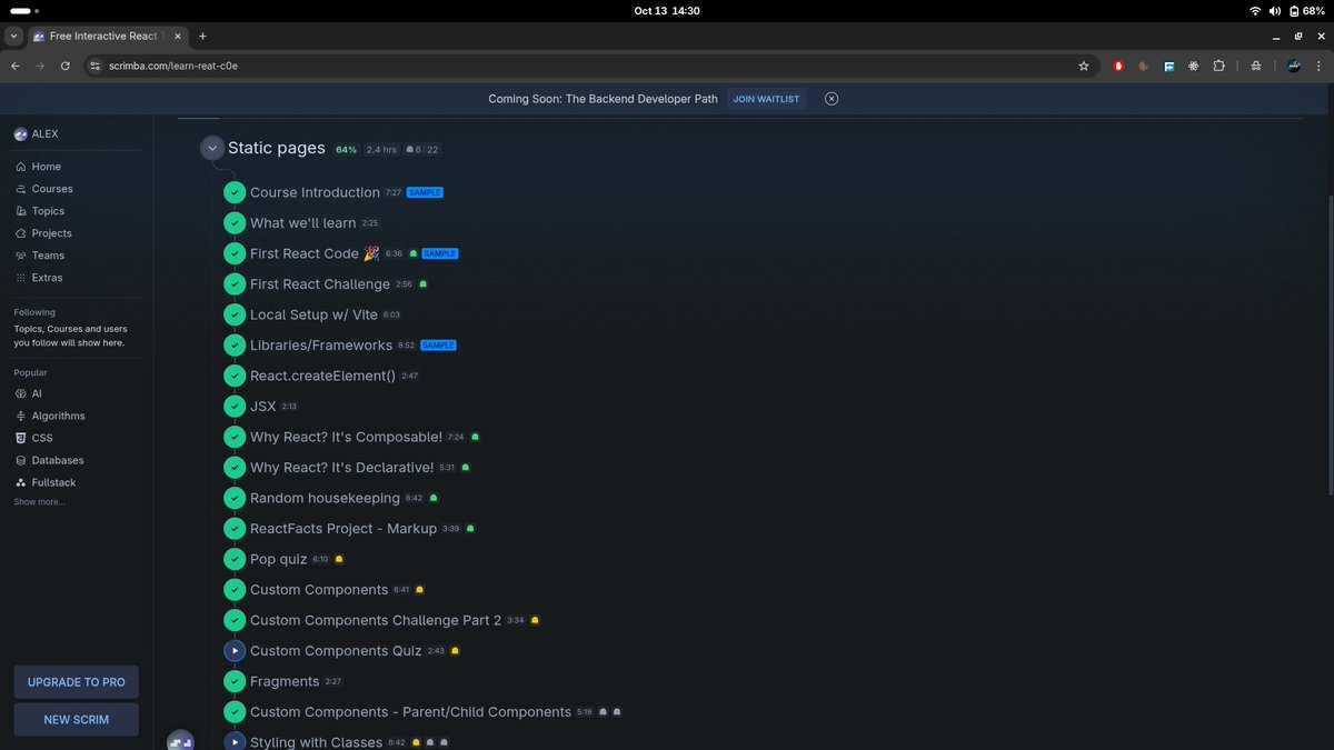 alexinwebs's tweet image. Day 37 of #100DaysOfCode
- Completed 64% of Scrimba’s React Static Pages ⚛️ + practiced challenges to get hands-on. @scrimba
- Also learned JS DOM &amp; Events — element selection, manipulation, attributes, event listeners, bubbling, capturing, and preventDefault(). @lovebabbar3