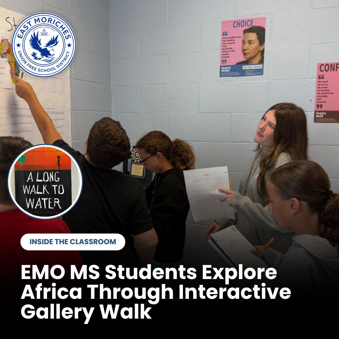 🌍✨ Seventh graders in Mr. Messina’s class at East Moriches Middle School took part in a gallery walk to explore Africa’s geography and climate before reading A Long Walk to Water. #EastMorichesPride