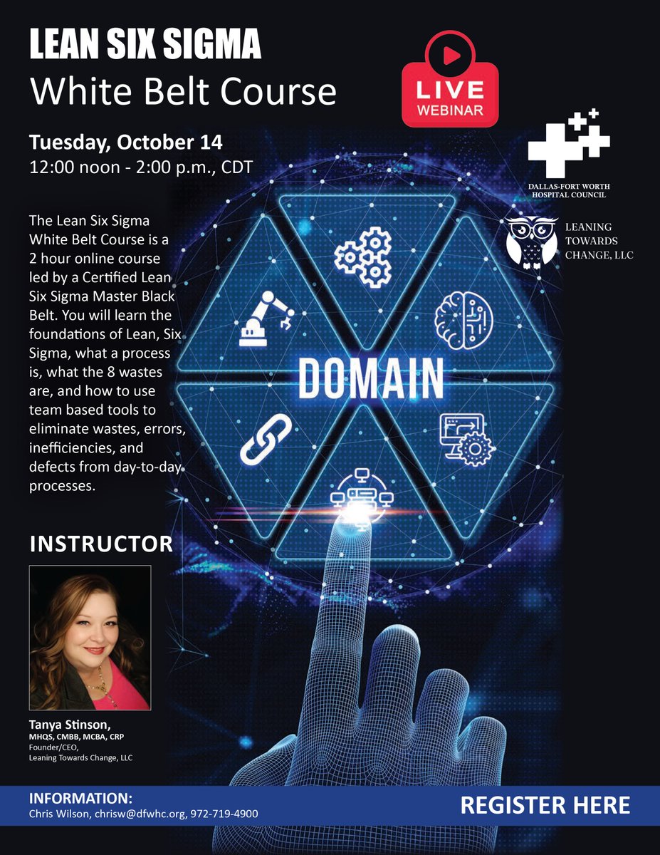 <a href="/DFWHCouncil/">DFW Hospital Council</a> and Leaning Towards Change, LLC virtual Lean Six Sigma Course is tomorrow - last chance to register! #education #leansixsigma #healthcarequality 
dfwhc.org/dfwhc-virtual-…