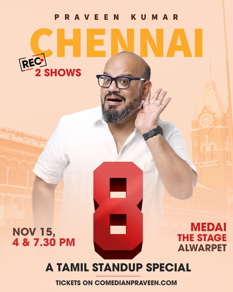 Chennai makkale!!! We are recording "8" on Nov 15th by doing 2 shows back to back. Please do come with your family and support 🙏🏽. Happening in @medai.thestage . Tickets in comedianpraveen.com